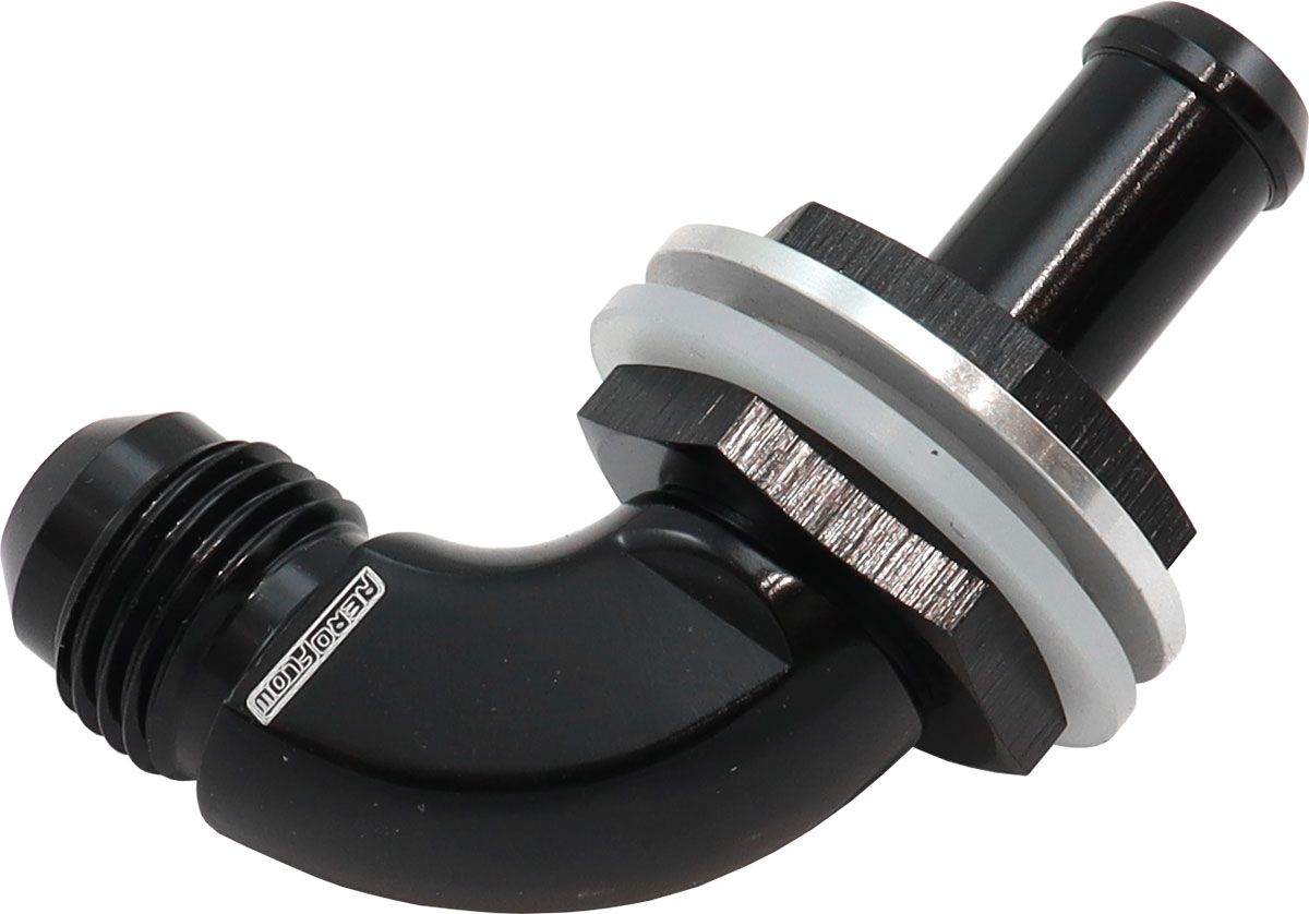Aeroflow 90 Degree Fuel Cell Bulkhead -6AN to 3/8" Barb Black Finish