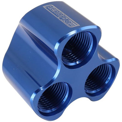 Aeroflow 4 Port Inline Distribution Block - Blue Finish 3 x -8 ORB Ports, 1 x -10 ORB Port