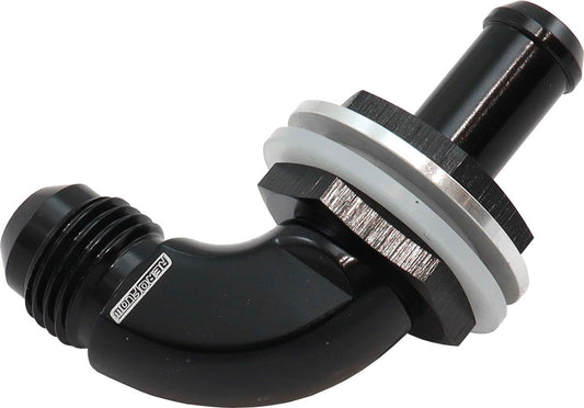 Aeroflow 90 Degree Fuel Cell Bulkhead -6AN to 3/8" Barb Black Finish